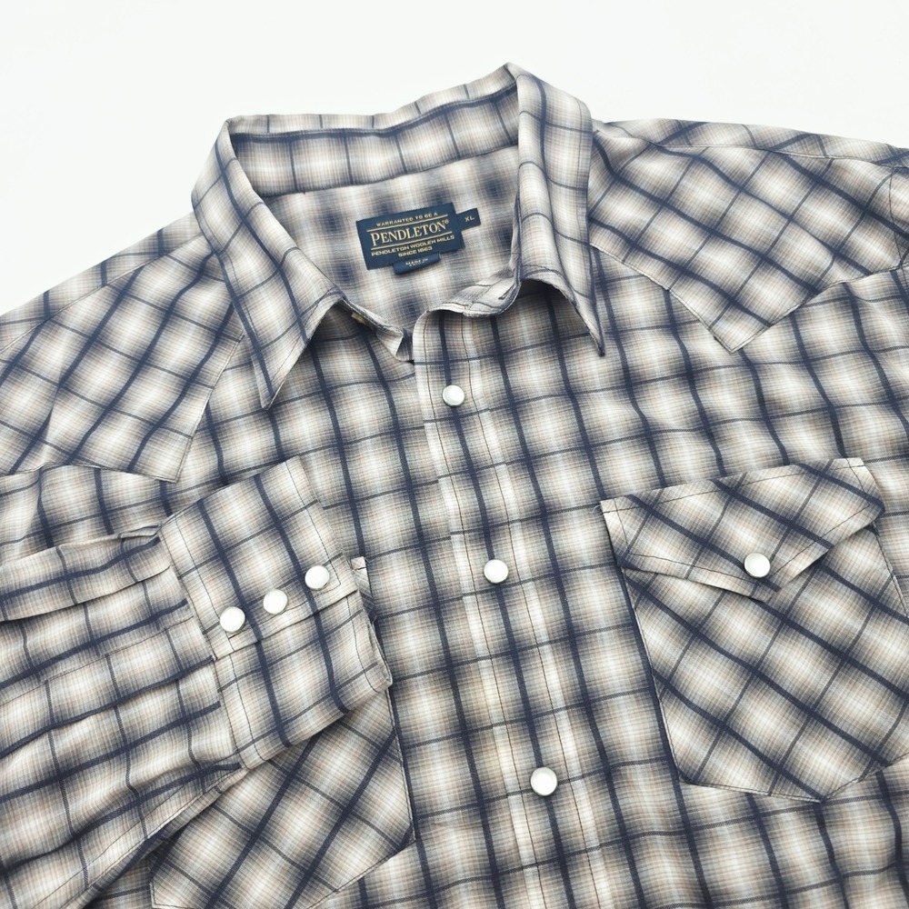 Pendleton Mens XL Western Snap Front Shirt Plaid Long Sleeve Tan Brown Navy Blue